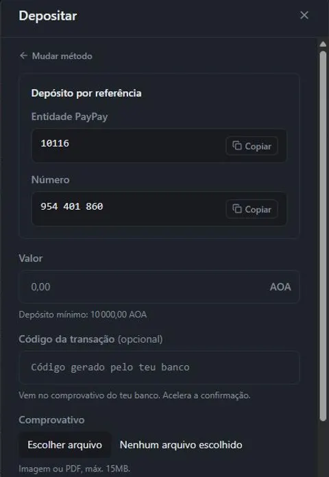 Ecrã de depósito da app Linka, com dados de referência bancária